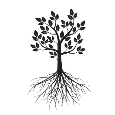 Siyah ağaç ve kökleri. Vektör çizim.