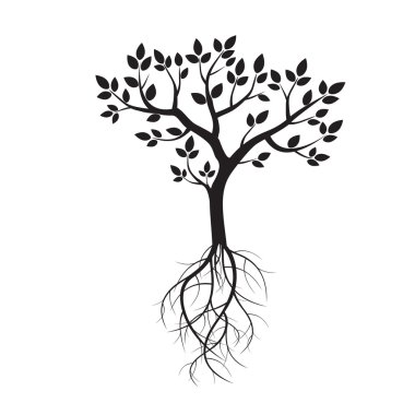 Siyah ağaç ve kökleri. Vektör çizim.