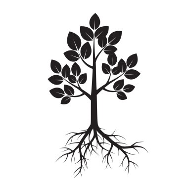Siyah ağaç ve kökleri. Vektör çizim.