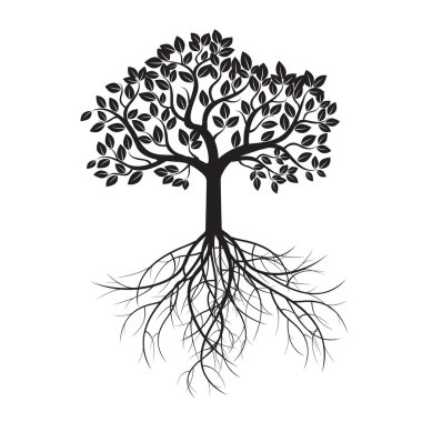 Siyah ağaç ve yapraklar. Vektör çizim.