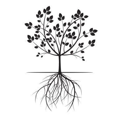 Siyah ağaç ve kökleri. Vektör çizim.