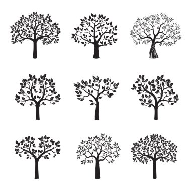 Siyah vektör ağaçlar set.