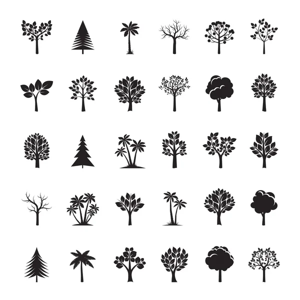 Set di alberi neri e foglie. Illustrazione vettoriale . — Vettoriale Stock