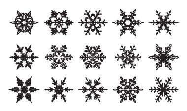 Kış, izole edilmiş siyah kar taneleri ikonları oluşturdu. Vektör İllüstrasyonu.