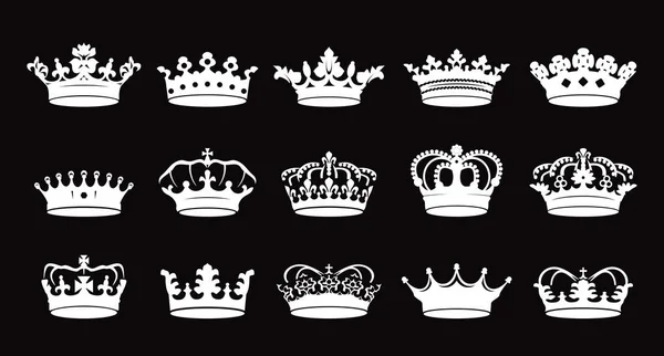 在黑色背景上设置白色王冠图标 病媒说明 象征和皇家象征 — 图库矢量图片