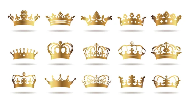 Set Corone Vettoriali Oro Sfondo Bianco Illustrazione Vettoriale Emblema Icona — Vettoriale Stock