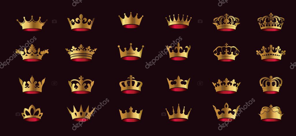 Vector golden king crowns icons on white background. Vector Illustration. Emblem, icon and Royal symbols.