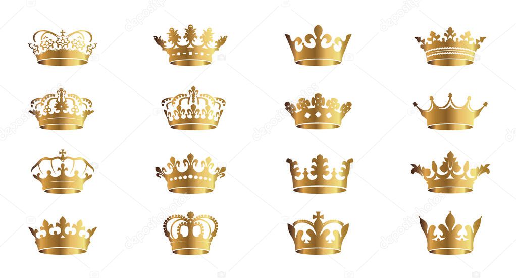 Set of vector golden king crowns on white background. Vector Illustration. Emblem, icon and Royal symbols.