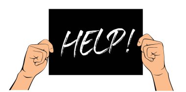 Siyah kartlı ve yazılı eller. Yardım edin. Vektör İllüstrasyonu ve simgesi. 