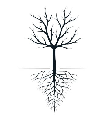 Köklü Kara Ağaç. Vektör taslağı çizimi. Bahçede Bitki.