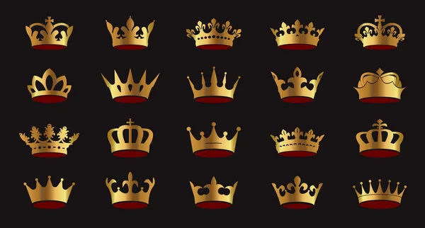Set Yellow Vector King Crowns Icon Black Background Vector Illustration — Stock Vector