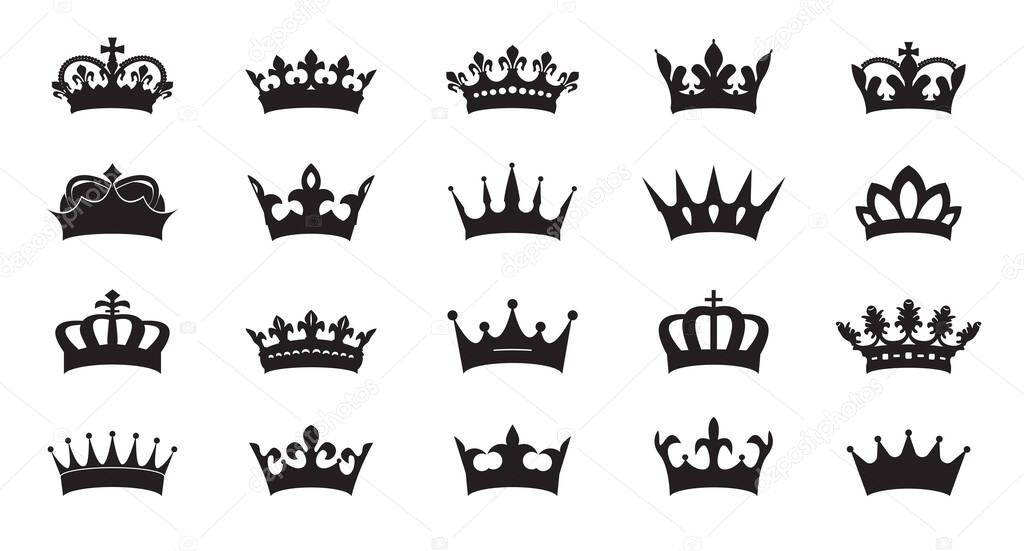 Set vector king crowns icon on black background. Vector Illustration. Emblem, icon and Royal symbols.