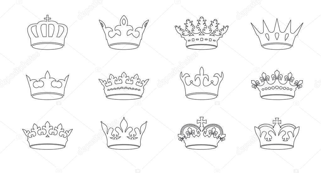 Set of vector king crowns icon on white background. Vector Illustration. Emblem, icon and Royal symbols.