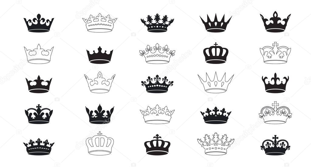 Set of vector king crowns icon on white background. Vector Illustration. Emblem, icon and Royal symbols.