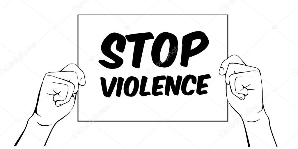 Hands with card and text stop violence. Vector Illustration.