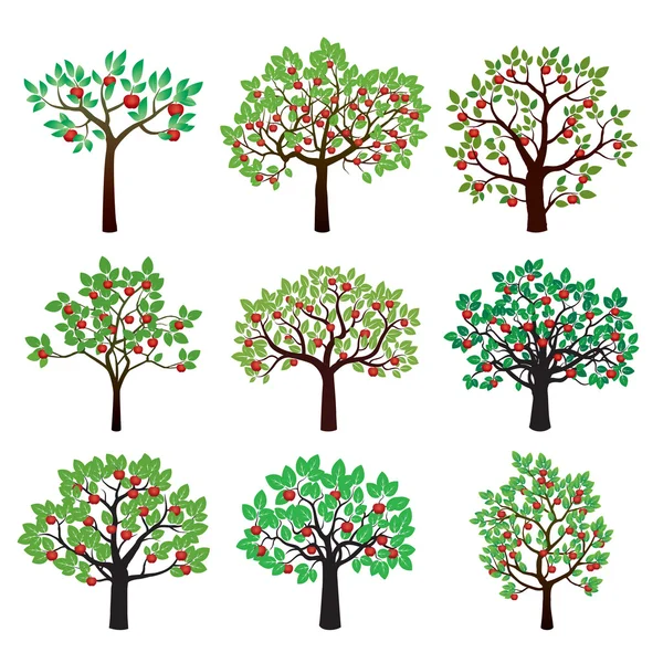 Set kleur appelbomen. Vectorillustratie. — Stockvector