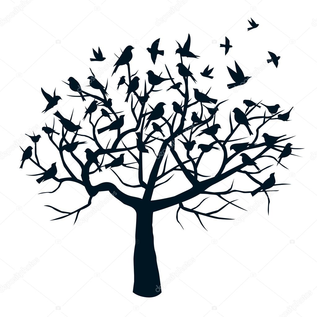 Black Tree and Black Birds. Vector Illustration.