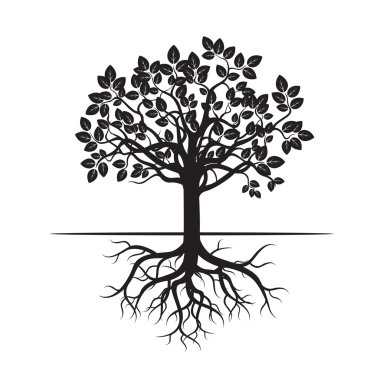 Siyah ağaç ve kökleri. Vektör çizim.