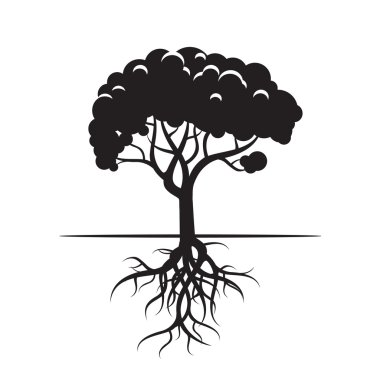 Siyah ağaç ve kökleri. Vektör çizim.