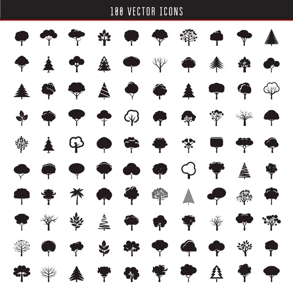 Collection of Hundred Black Trees. Vector icons. — Stock Vector