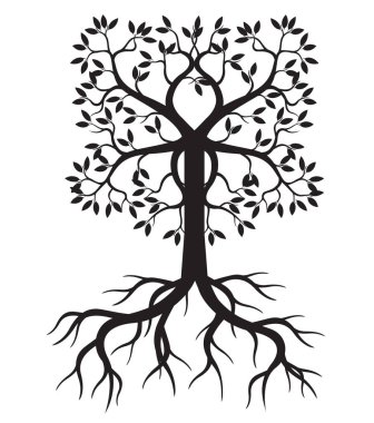Black Tree with Roots isolated. Outline Illustration. A tree drawn by hand. 