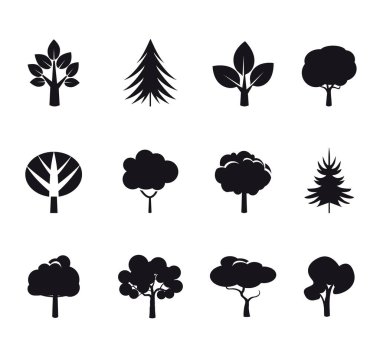 Siyah yassı ağaç sembolü. Taslak simgeleri izole et.