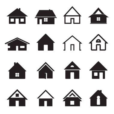 Bir grup siyah vektör evi ikonu izole edildi. Özellik tasarımı ve logo ögesi.