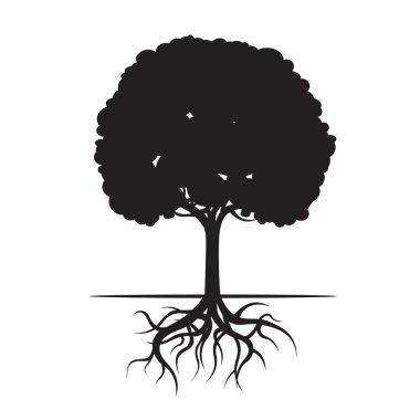 Siyah ağaç ve kökleri. Vektör çizim.