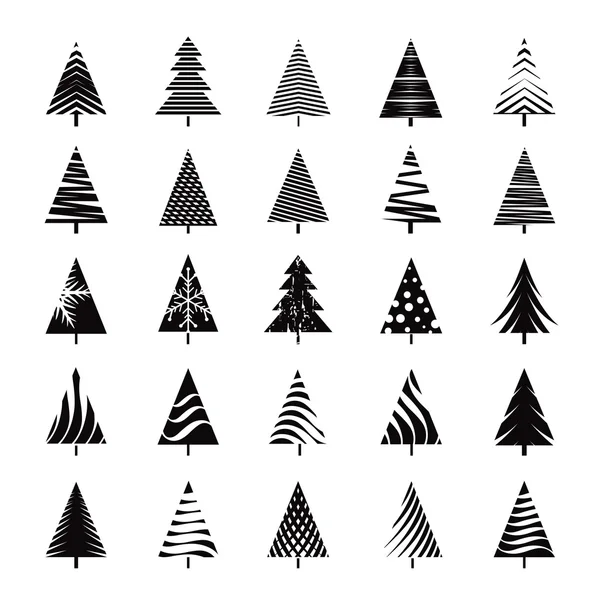 Satz schwarzer Weihnachtsbaum. Vektorillustration und Symbole — Stockvektor