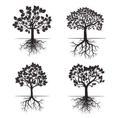 Collection of Black Trees and Roots. Vector Illustration. clipart