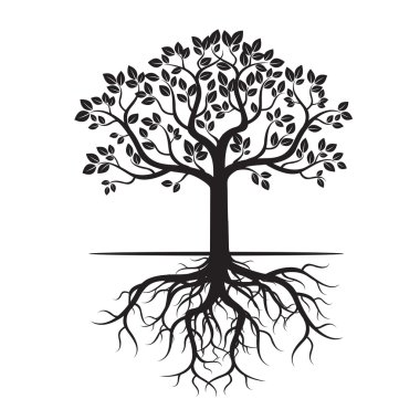 Siyah ağaç ve kökleri. Vektör çizim.