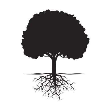 Siyah ağaç ve kökleri. Vektör çizim.