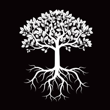 Siyah ağaç ve kökleri. Vektör çizim.