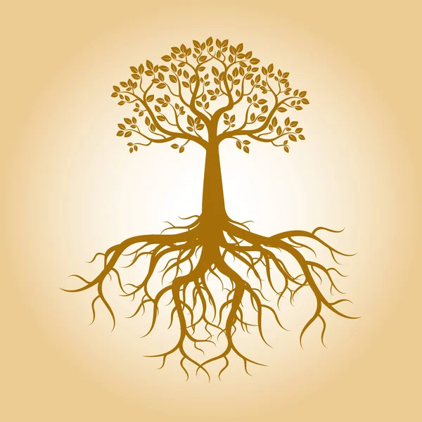 Altın ağaç ve büyük kökleri. Vektör çizim. — Stok Vektör