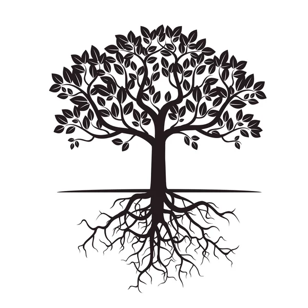 Siyah ağaç ve kökleri. Vektör çizim.