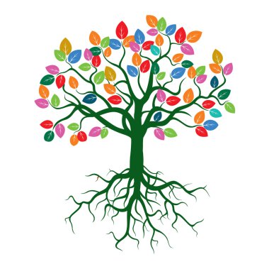 Renk ağaç ve kökleri. Vektör çizim.