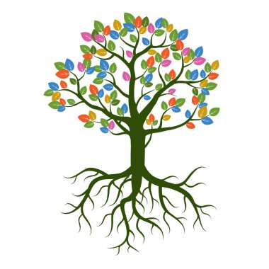 Renk ağaç ve kökleri. Vektör çizim.