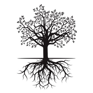 Siyah ağaç ve kökleri. Vektör çizim.