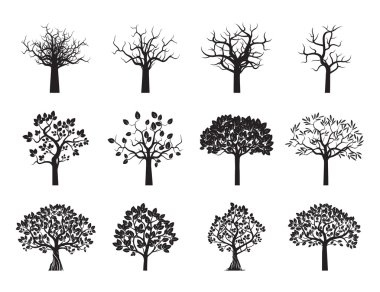 Siyah ağaçlar ve kökleri topluluğu. Vektör çizim.