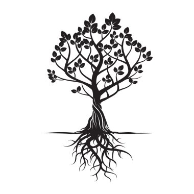 Siyah ağaç ve kökleri. Vektör çizim.
