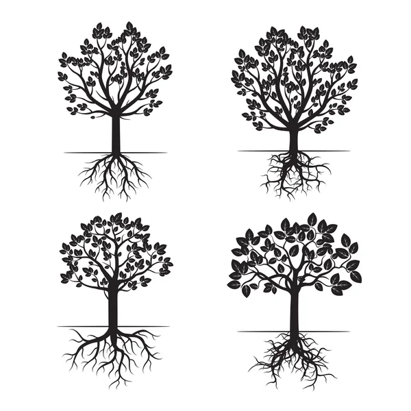 Σύνολο μαύρα δέντρα και ρίζες. Vector εικονογράφηση. — Διανυσματικό Αρχείο
