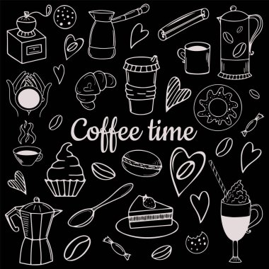 Kahve ve tatlıların teması üzerine Doodle tarzı illüstrasyon