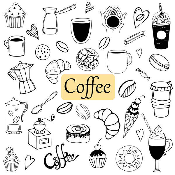 Vector doodle illustration on the theme of coffee and desserts, coffee time collection 