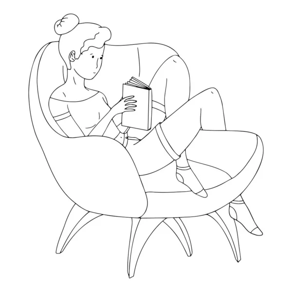 Векторная Линейка Рисунка Женщины Кресле Книгой Молодой Женщины Читающей Кресле — стоковый вектор