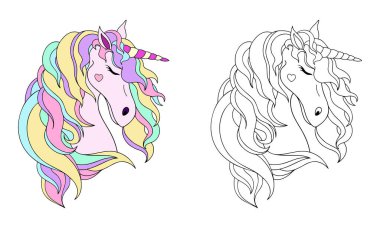 Renklendirme ve renklendirme için bir numuneyle tek boynuzlu atın nazik, şirin bir vektör çizimi