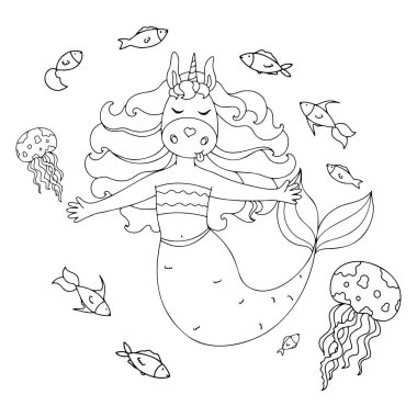 Çocuk ve yetişkin kitapları, giysileri, ofis malzemeleri için tek boynuzlu at denizkızı çizimi