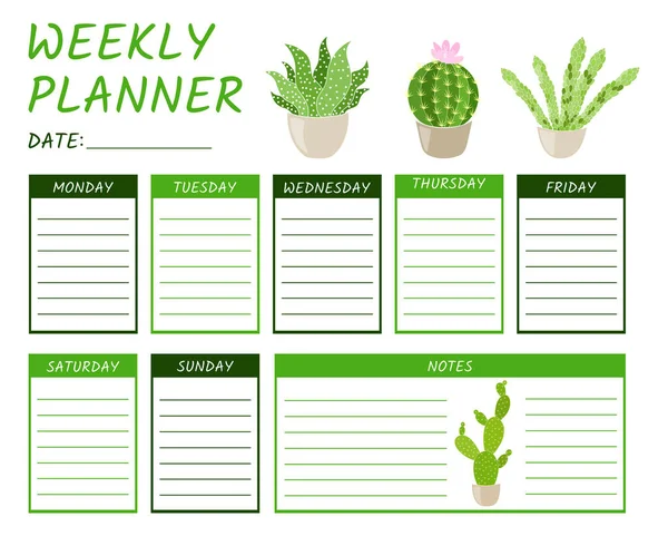 Roztomilá Šablona Týdenního Plánovače Kalendáře Vektorovou Kaktusovou Ilustrací Vektorová Grafika