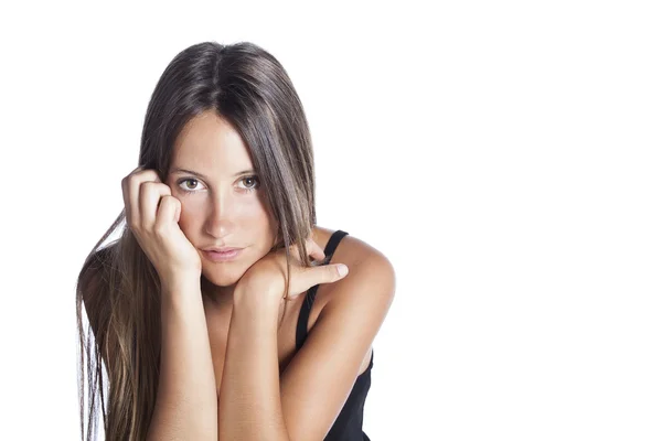 Retrato de belleza. Hermosa mujer del spa tocando su cara. Piel fresca perfecta — Foto de Stock