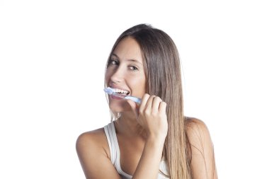 Diş fırçası diş hijyeni kavram dişleriyle temizlik güzel gülümseyen kadın