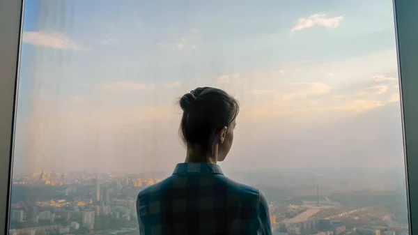 Back view of woman looking at cityscape through window of skyscraper